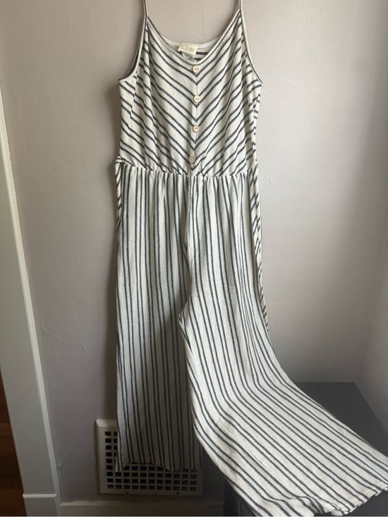Caution To The Wind Pants - Caution to the Wind Striped Wide Leg Cotton Jumpsuit Tie Back Button Front Large